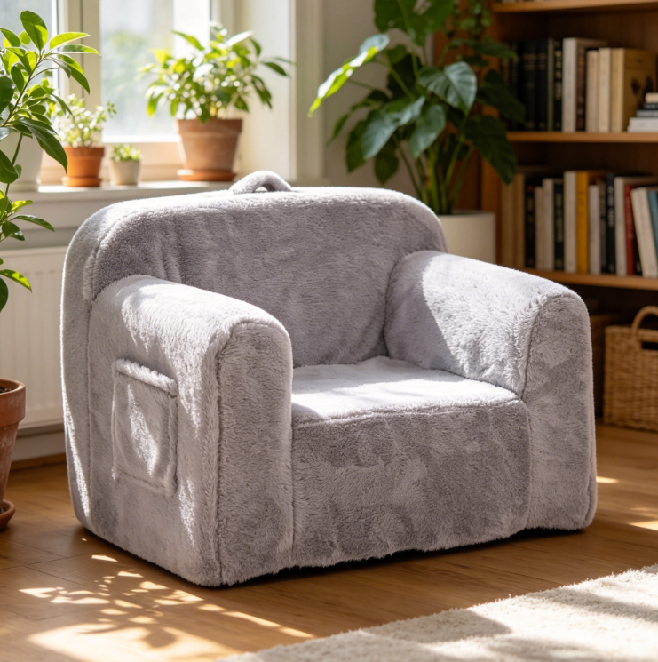 Plush Grey Kids Foam Sofa with Handle and Side Pockets